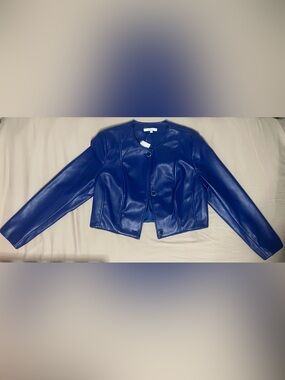 Cleo Cobalt Blue Vegan Leather Moto Peplum Jacket – Removable Hem – Size L – NWT